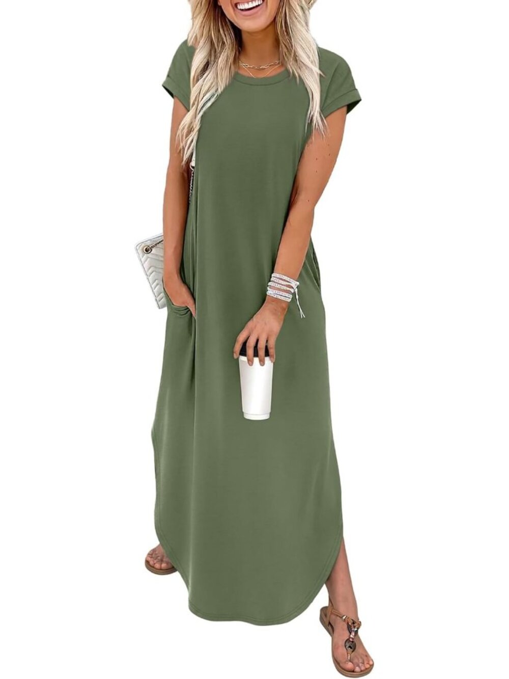 Women's Army Green Floral Print Maxi Dress Casual Summer Beach Sundress Fit